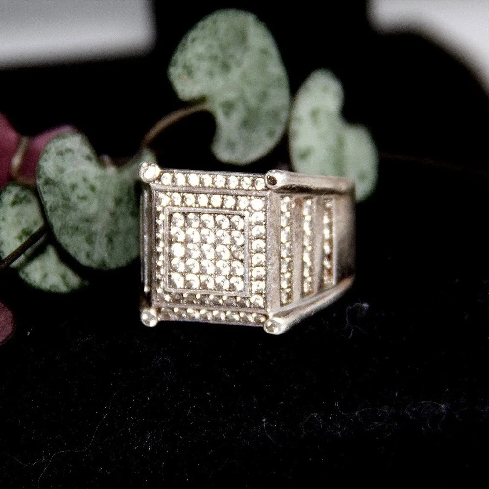 VTG HEAVY Sterling Silver 925 Iced Out Square Signet Ring Mens Size 8.5 CZ Band